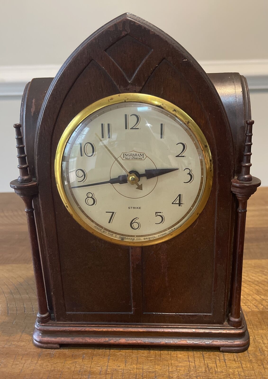 Vintage Ingraham Gothic Cathedral Strike Electric Self Starting Wooden Clock