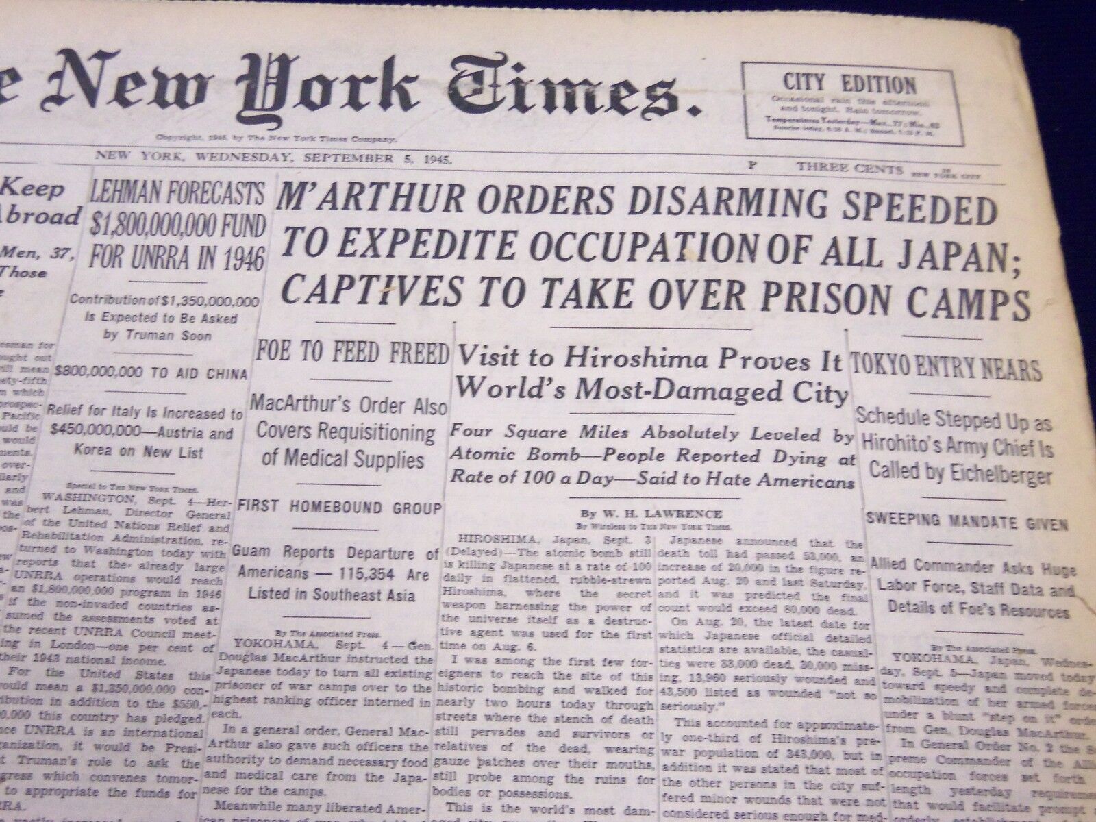 1945 SEPT 15 NEW YORK TIMES - M\'ARTHUR ORDERS DISARMING SPEEDED - NT 260