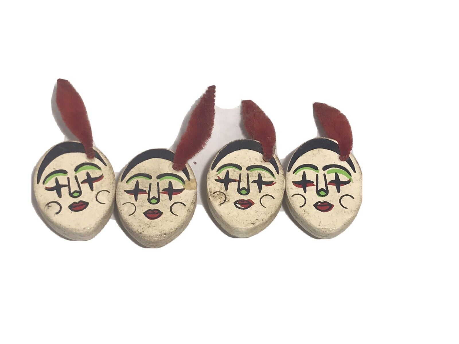 Wooden Clown Dancer Face Magnets With Red Chenille Feather VTG  Lot Of 4 1356