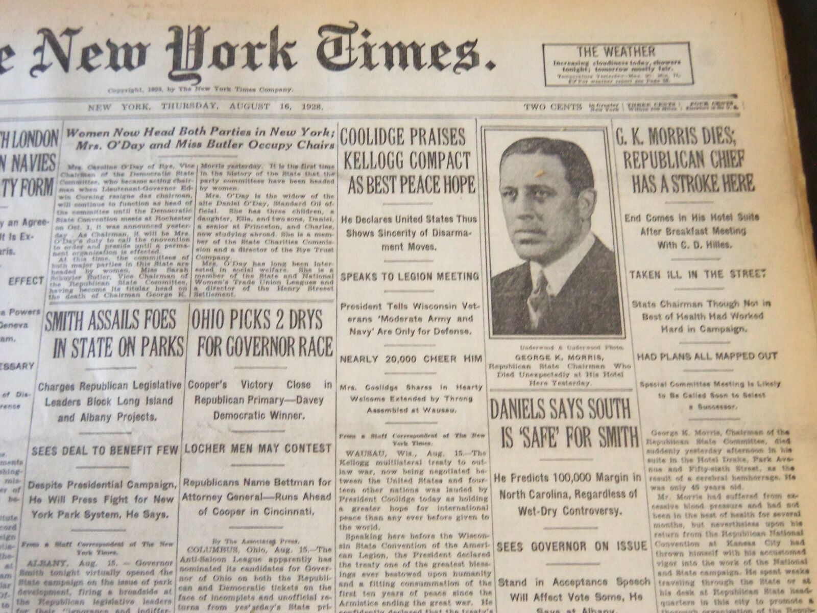1928 AUGUST 16 NEW YORK TIMES - REPUBLICAN CHIEF G. K. MORRIS DIES - NT 6503