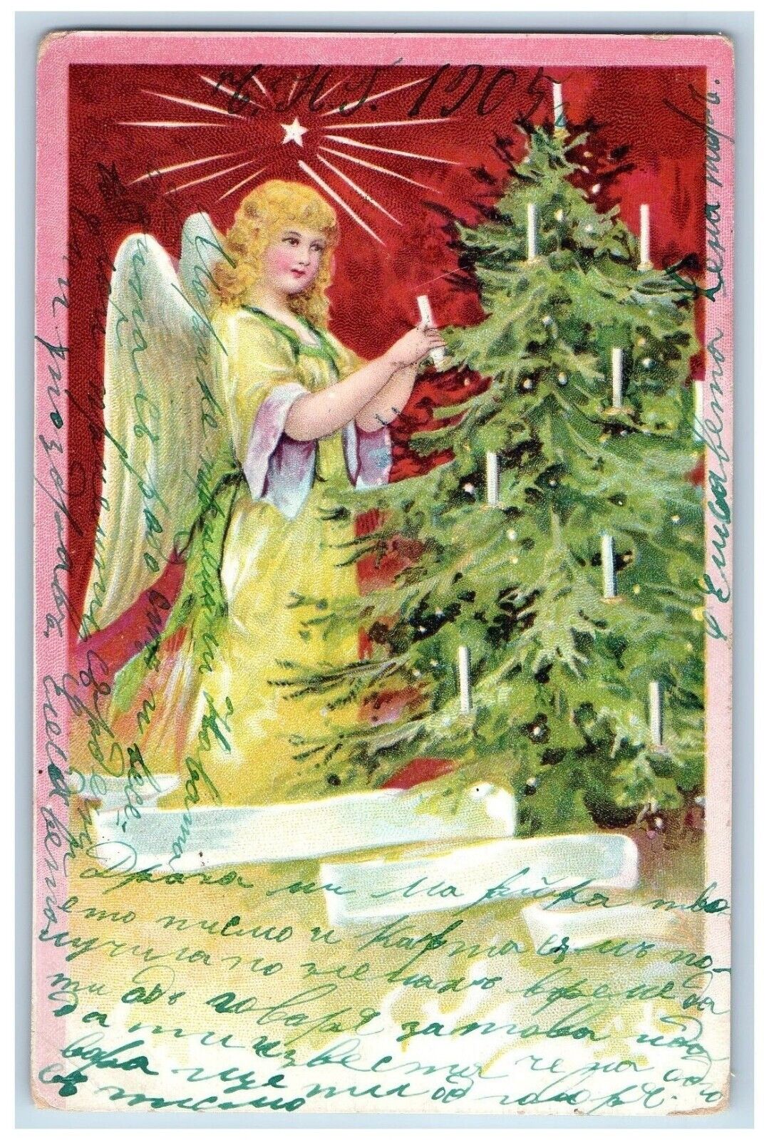 Bulgaria Postcard Christmas Tree Angel Decorating Candles c1905 Antique Posted