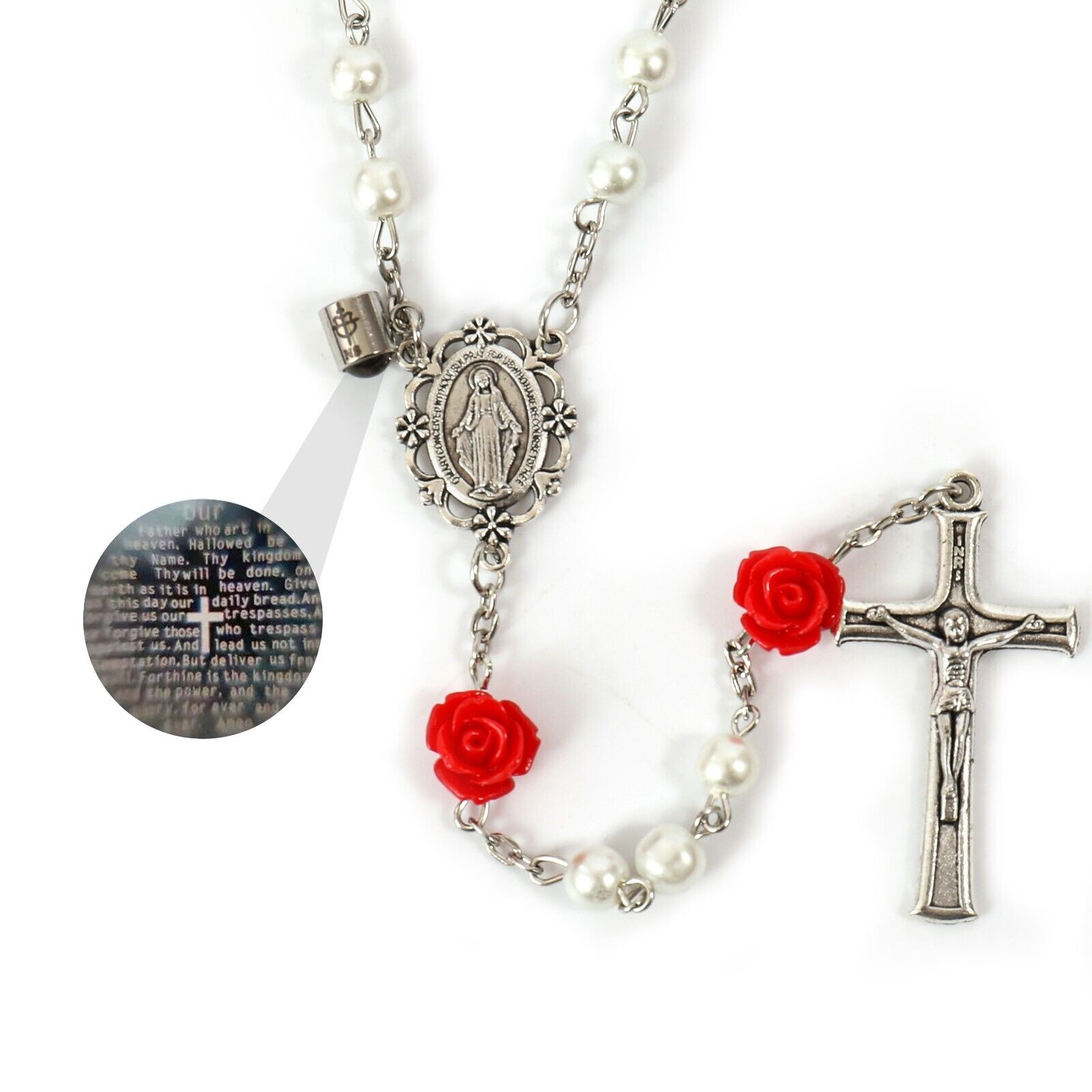 White Pearl Beads Rosary Our Father Prayer Projection and Miraculous Medal 22\