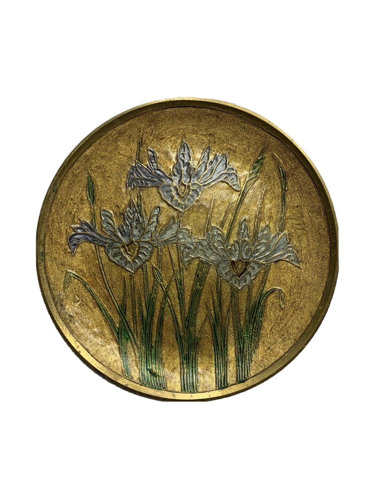 Vintage Irises Brass Plate Plaque Enamel Decorative Van Gogh