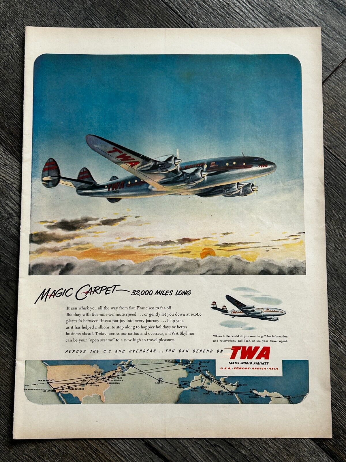 TWA Trans World Airlines 1951 Vintage Ad 10x14 Advertisement Advert 1950\'s