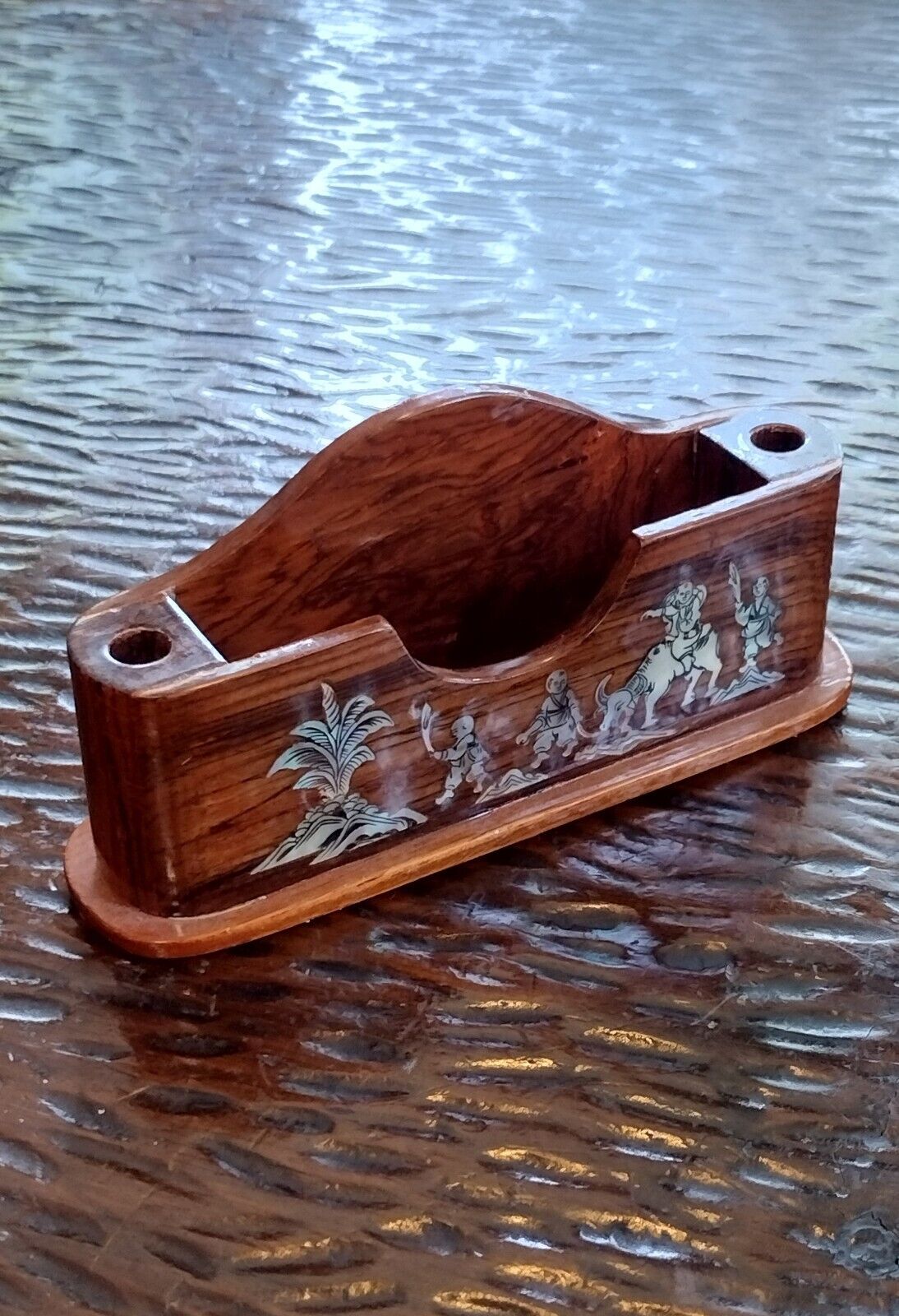 Inlaid Wooden Asian Pen & Pad Holder ~ Mother of Pearl Warrior Fable