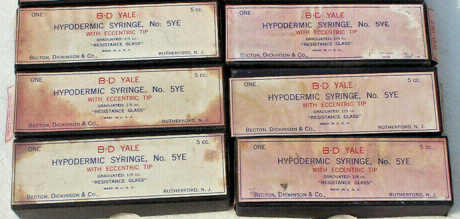 VINTAGE 6 LOT B-D YALE HYPODERMIC SYRINGES No. 5YE 5cc IN ORIGINAL BOXES