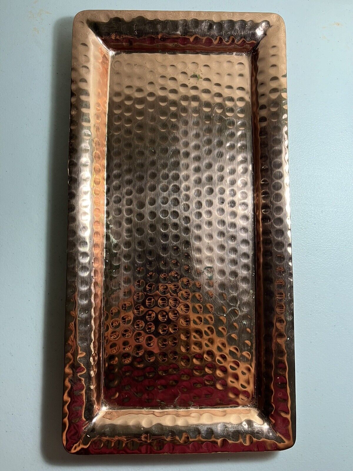 Gently used rectangle hammered copper tray with raised edge - Monarch Abode