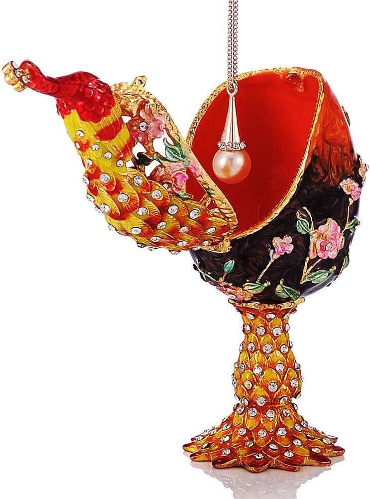 Bejeweled Faberge Egg Style Enameled Animal Trinket Box/Figurine Peacock