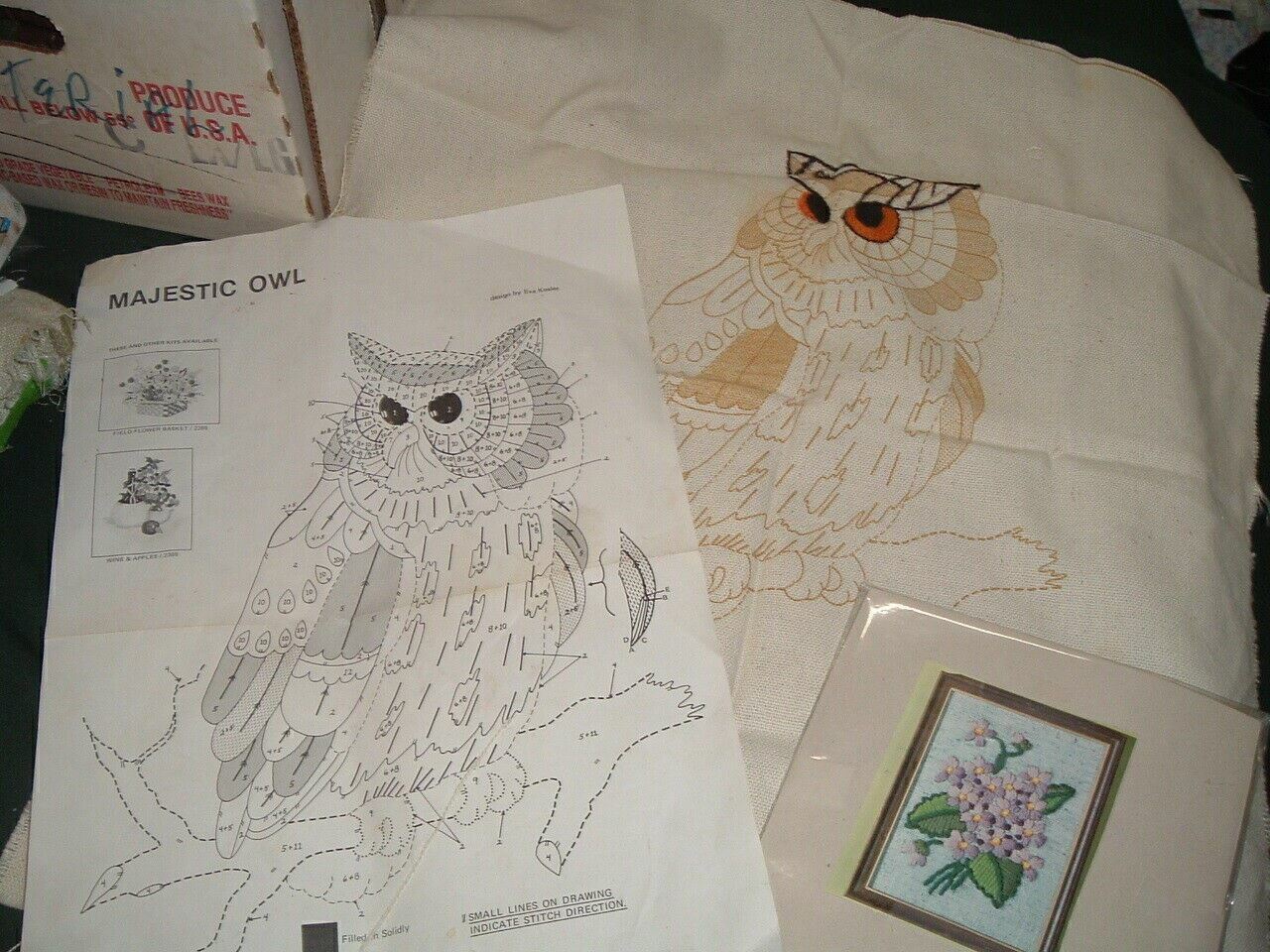 2 Vtg Lot 70s Stamped Crewel Embroidery Big Retro Owl & Small Violets Hippie LK1
