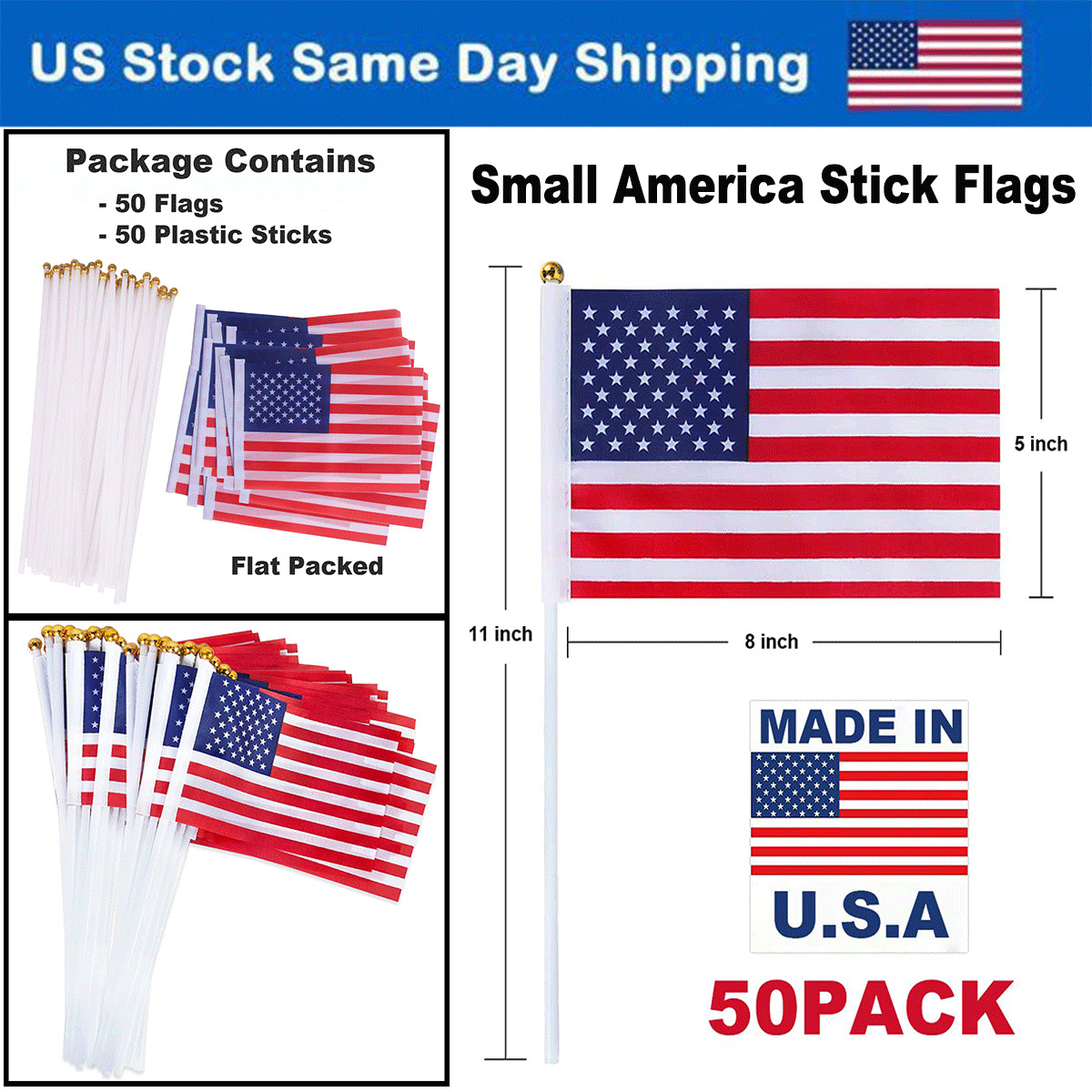5 x 8 in American Flags US Flags / Mini American Country Flag on Stick Small USA
