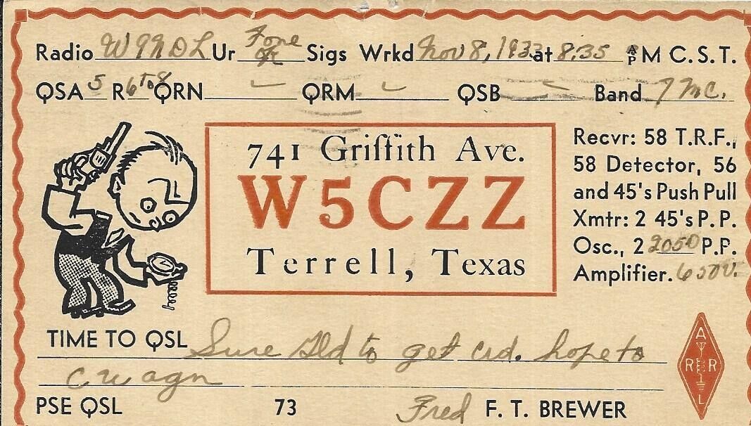 QSL 1933 Terrell Texas    radio  card