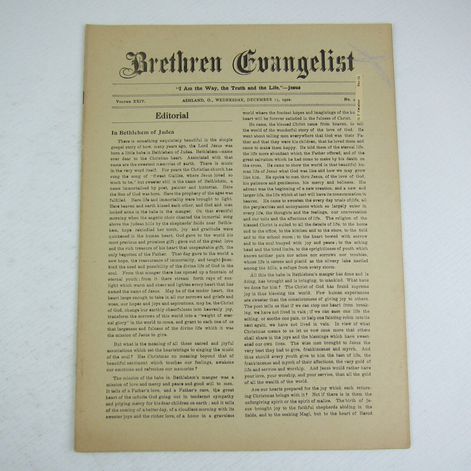 Brethren Evangelist Christian Newspaper Ashland Ohio Antique December 17th 1902