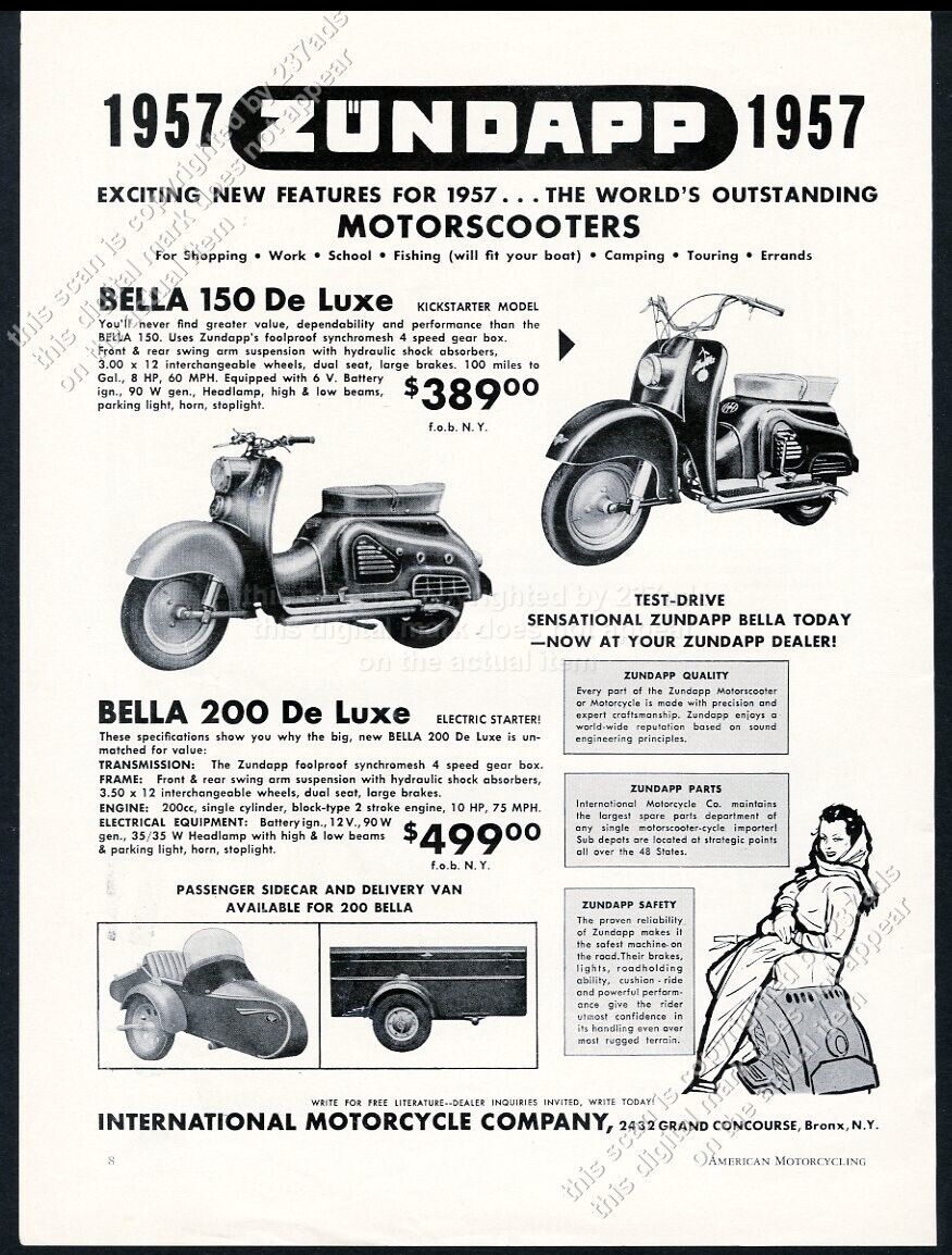 1957 Zundapp Bella scooter 150 200 sidecar delivery van photo vintage print ad
