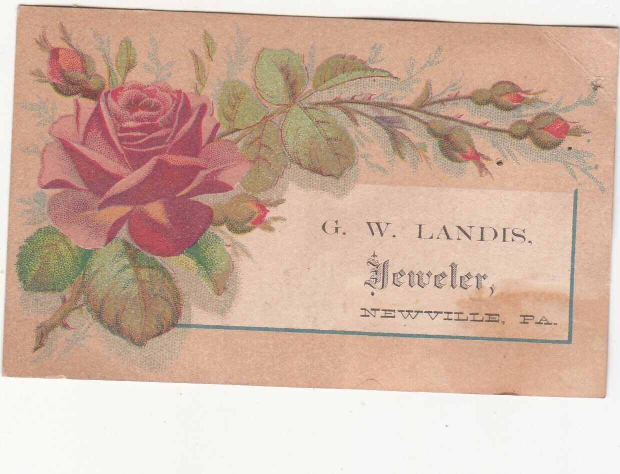 G W Landis Jeweler Newville PA Red Rose  Leaves Vict Card c1880s