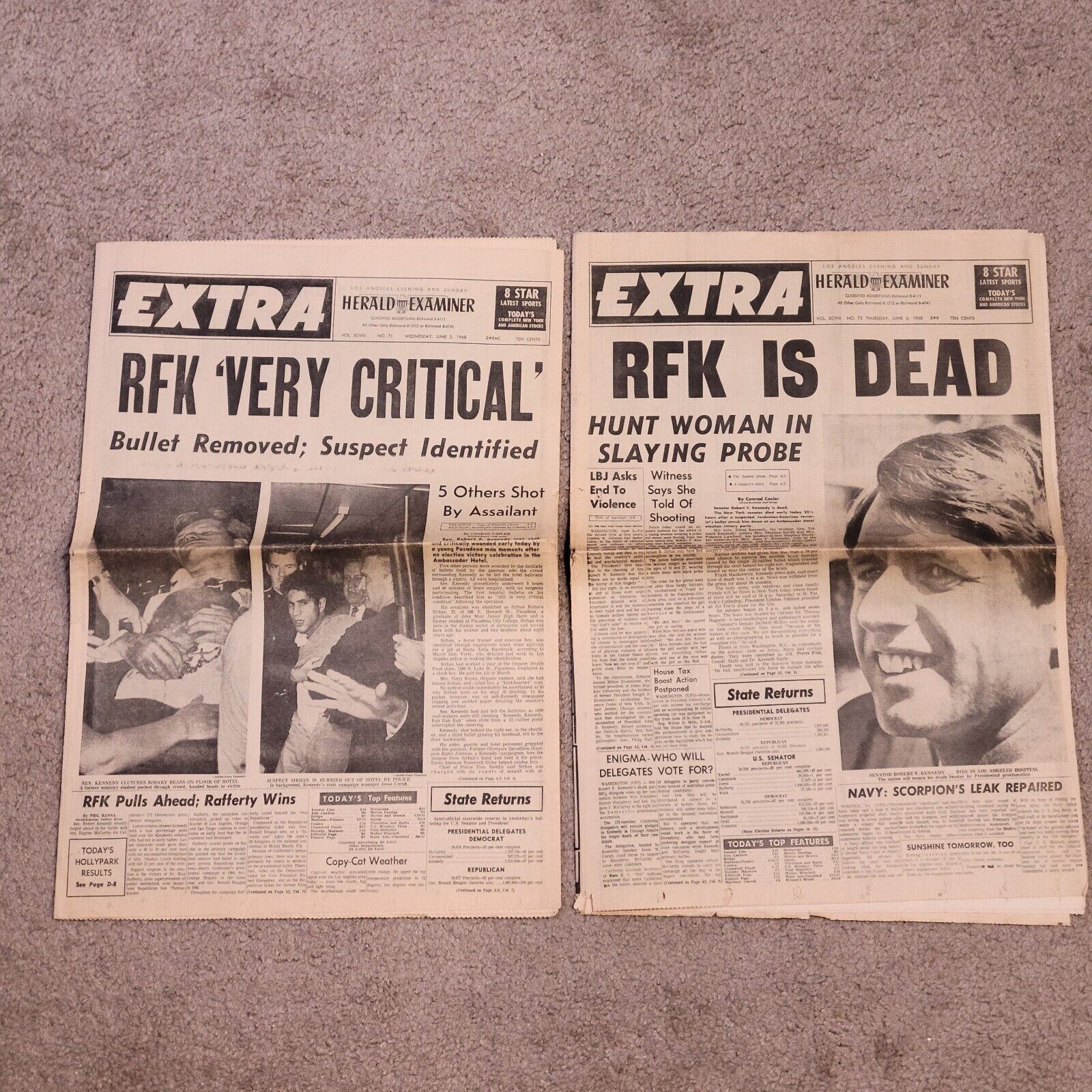 Robert Kennedy Los Angeles Herald Examiner RFK Critical/Dead June 5,6 Newspapers