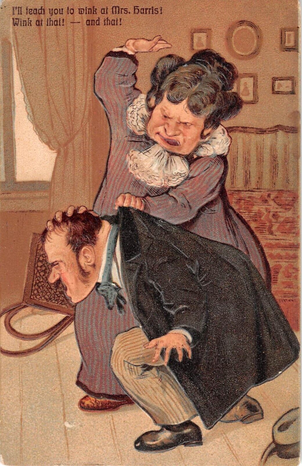 Angry Wife Beating Husband for Winking At Mrs. Harris-1907 Comic PC-PFB Ser.6538