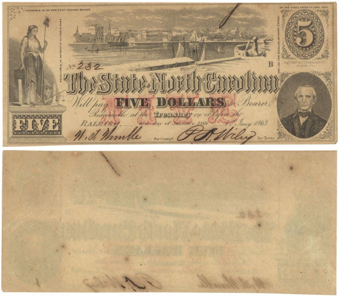 Obsolete Banknote of The State of North Carolina - dated 1863 Civil War Banknote