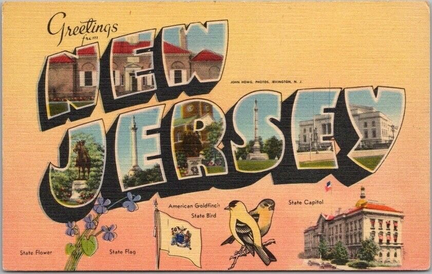 NEW JERSEY Large Letter Postcard State Capitol & Flower / MWM Linen - Unused