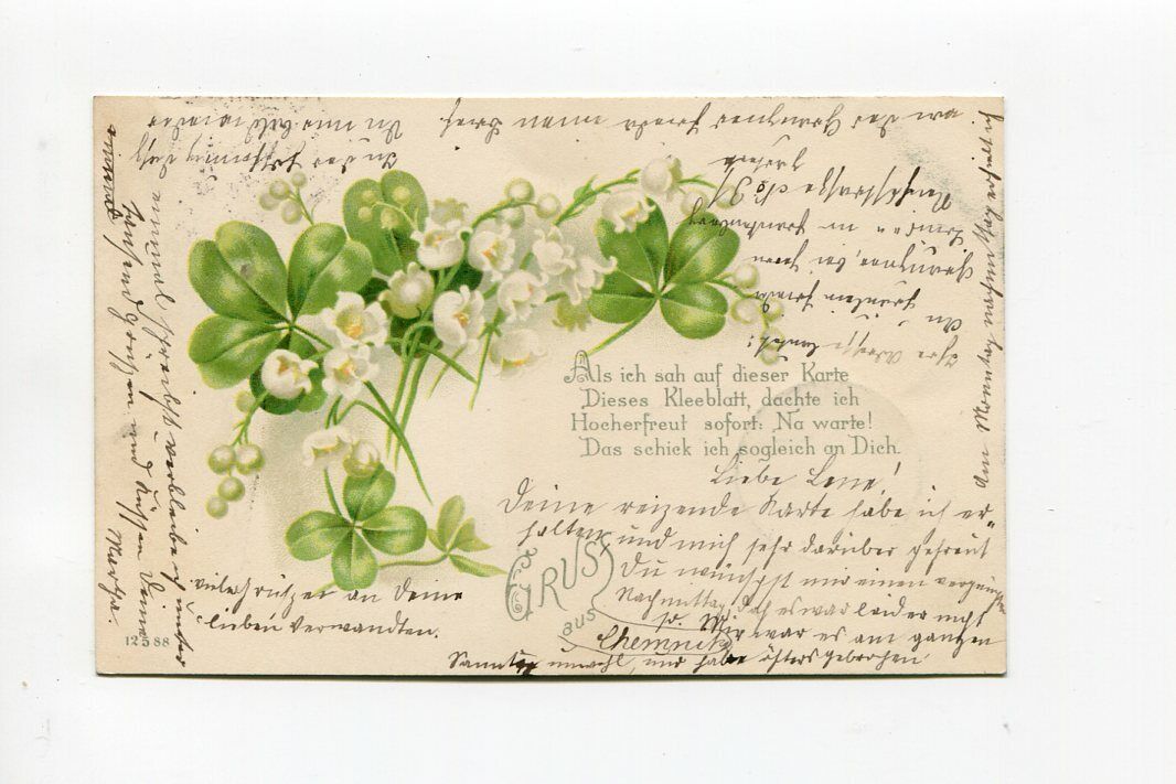 Ancient Ak Spell Card With Lily of the Valley And Cloverleaf 1900 21