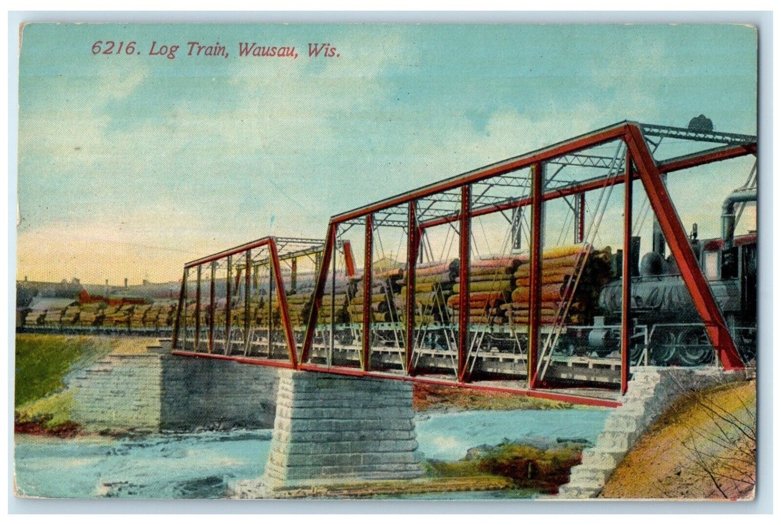 1912 Scenic View Log Train Bridge Wausau Wisconsin WI Vintage Antique Postcard