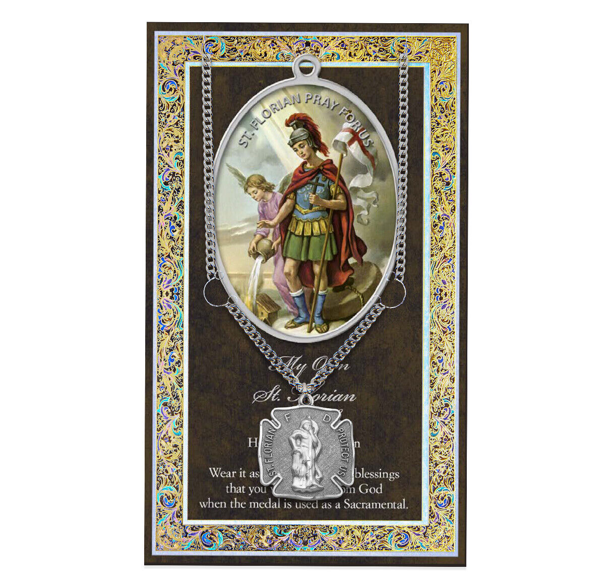 St. Florian Necklace for Firefighters with Medal and Embossed Prayer Pamphlet