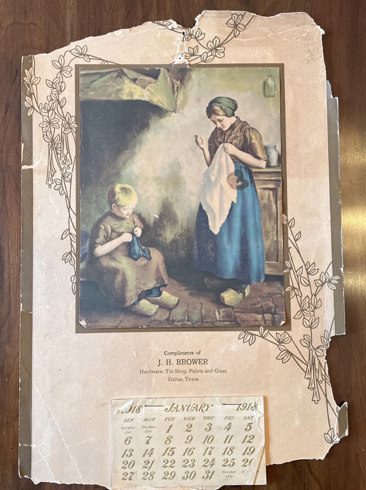 Antique 1918 Calendar, Brower Hardware, Tin Shop, Paints and Glass,  Dallas, TX