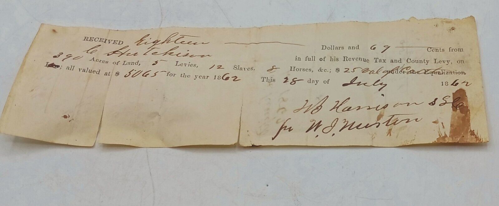 Antique July 1862 Receipt 390 Acres Of Land 5 Levies 12 Slaves & 8 Horses $50.65