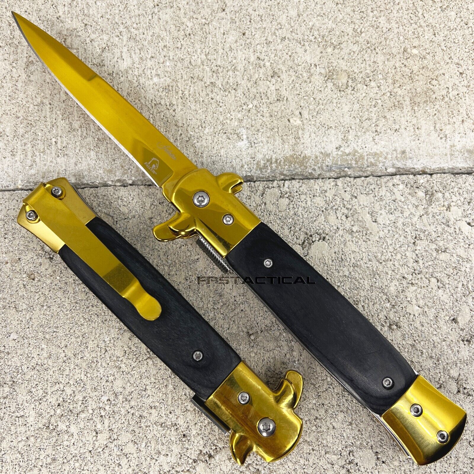 Falcon Golden Mirror Spring Assist Stiletto Knife w Black Ash Wood Scales 3.75