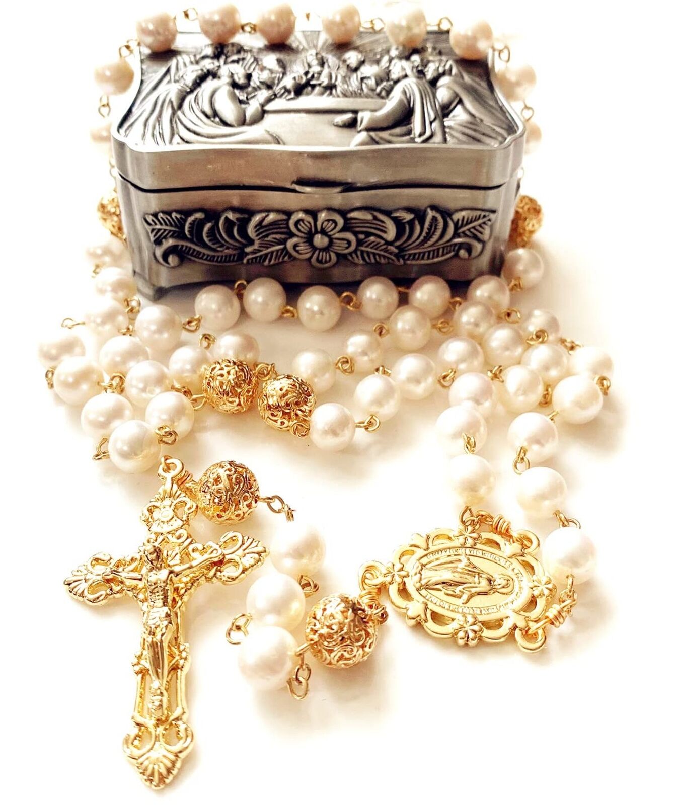 White Real Pearl Rose Gold Beads Catholic Rosary Cross Necklace Supper Box