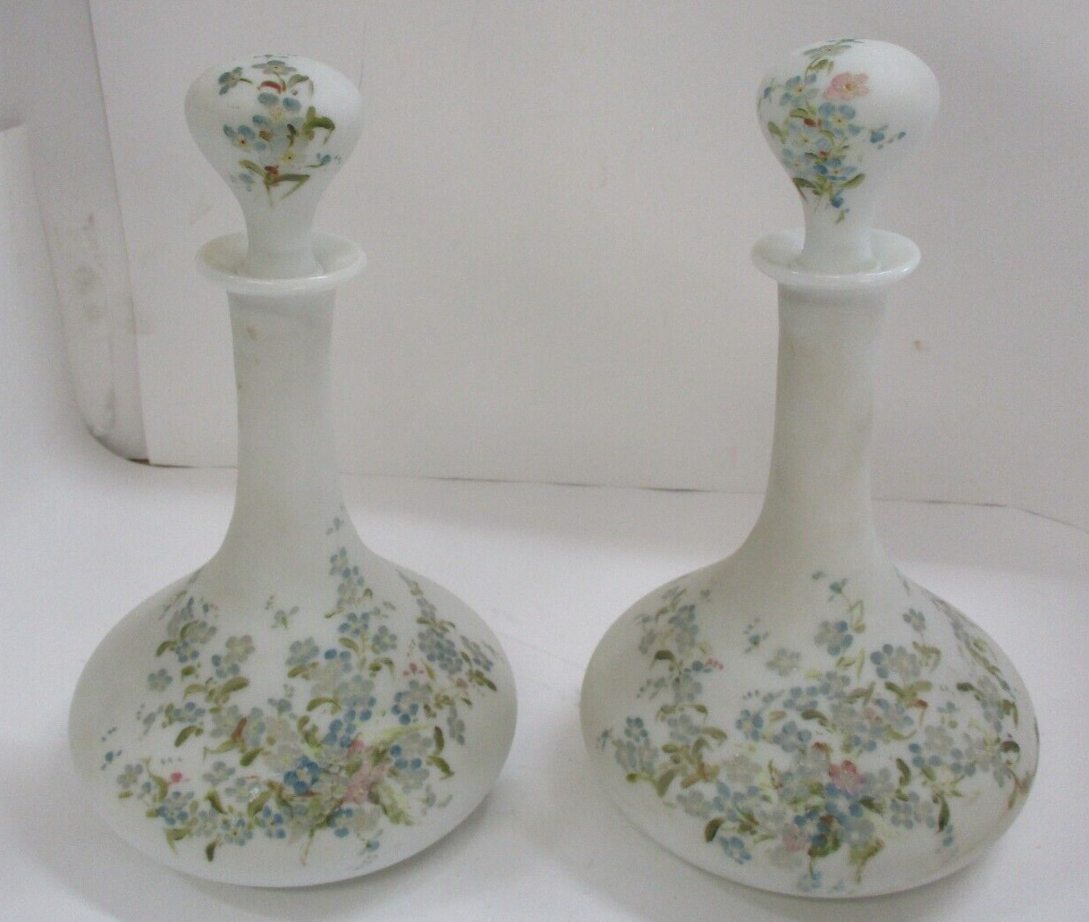 2 Vintage Bristol Glass Decanters Opaque White Hand Painted Flowers 9 1/2\