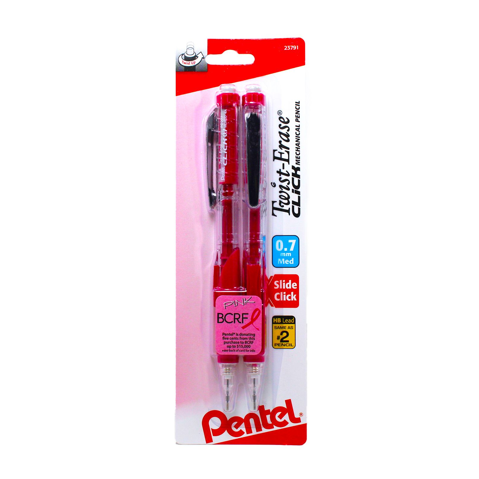 Pentel Twist-Erase Click Mechanical Pencil, 0.7mm, Pink, 2Pck