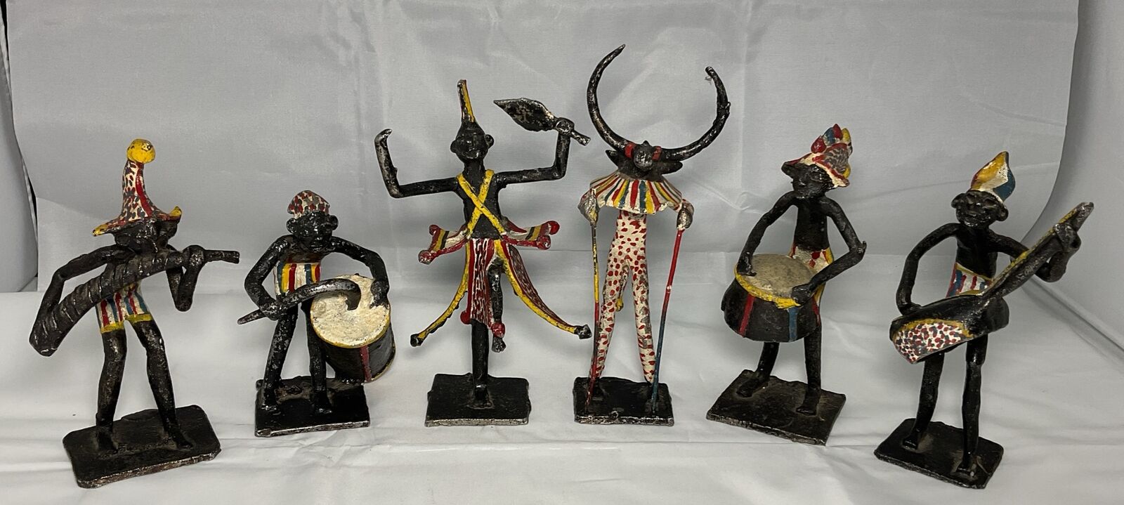 African Tribal Folk Art Hand Painted Metal Figurines Musicians ~ Lot Of 6