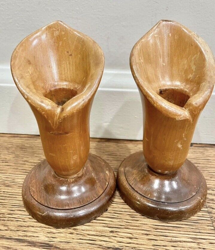Pair of Vintage Wood Flower Candle Stick Holders BLN