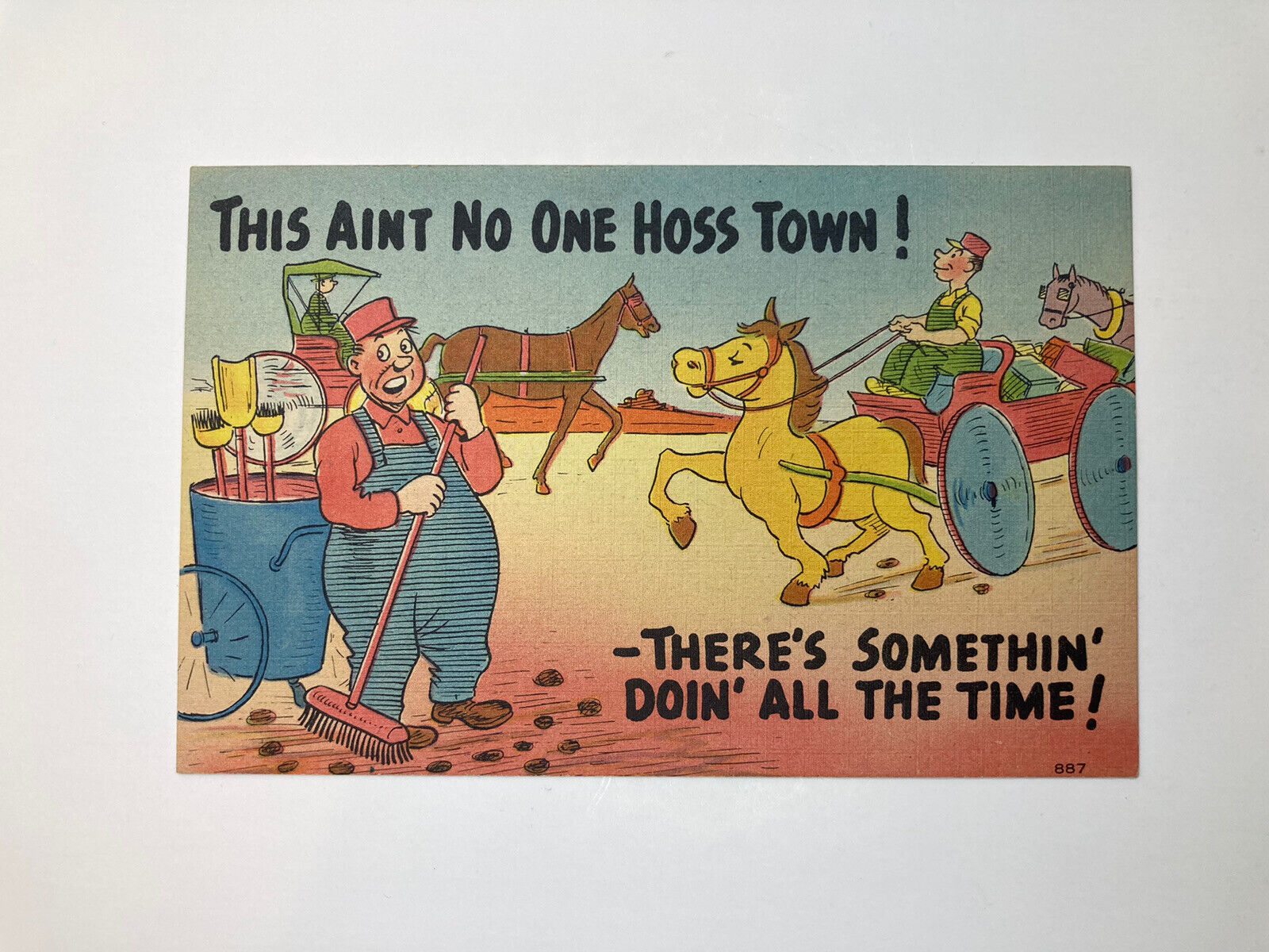 This Ain’t No One Hoss Town Sweeping Guy Horse VINTAGE Postcard