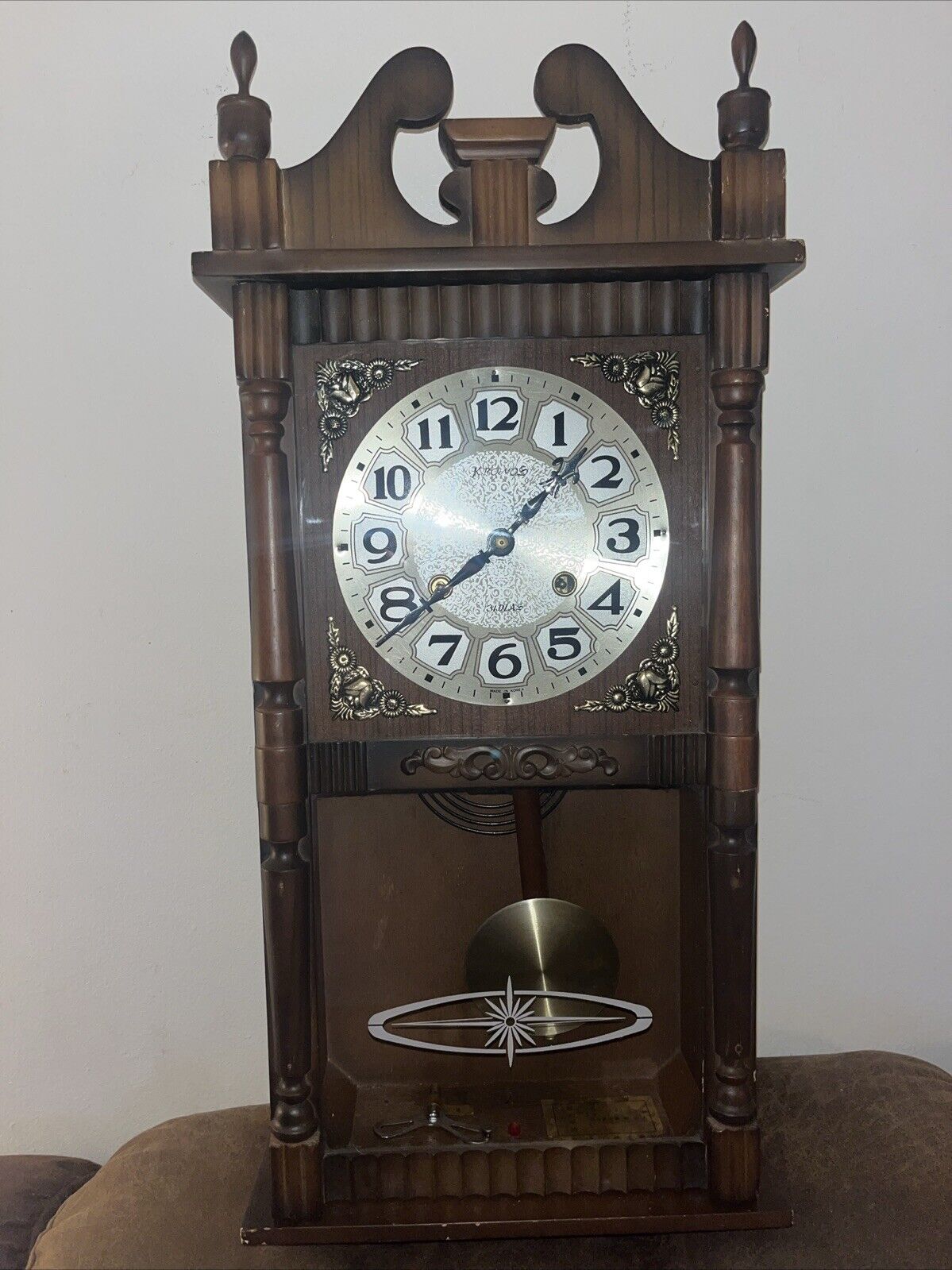 Vintage Kamos Wooden Wall Clock with Pendulum and Atomic Star Burst Glass Front