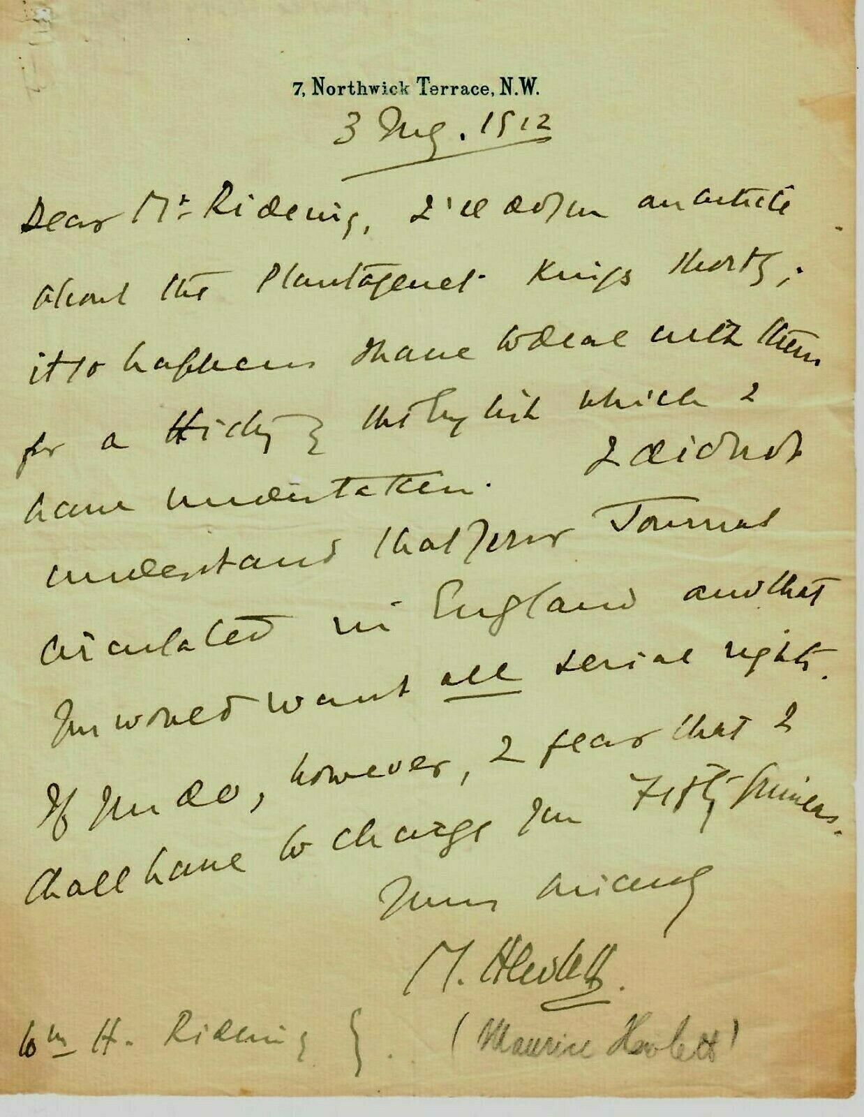 Vintage “Historical Novelist” Maurice Hewlett Hand Written Letter Dated 1912