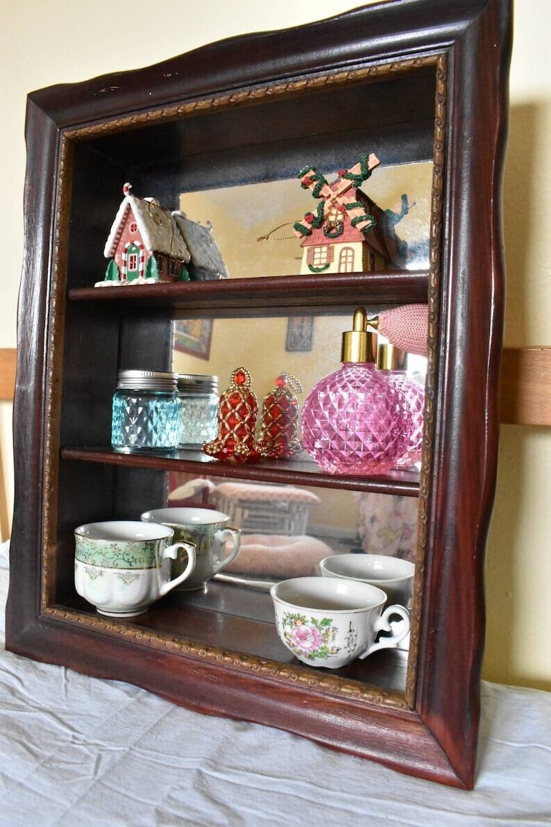 Antique cherry wood, mirrored, shelf unit, rustic hanging shelves, collectibles 