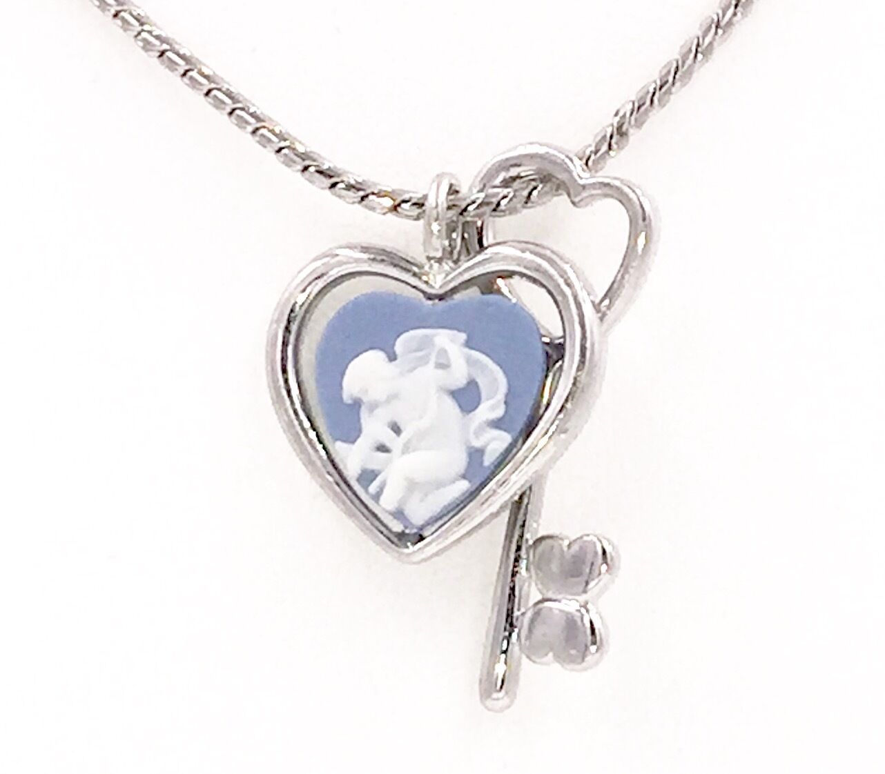 Authentic Wedgwood - Cupid in Heart Cameo w/Heart Key on Silver Plate Chain