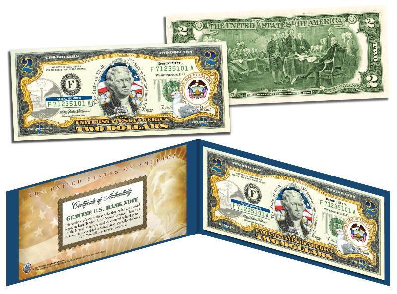 UTAH Statehood $2 Two-Dollar Colorized U.S. Bill UT State *Genuine Legal Tender*