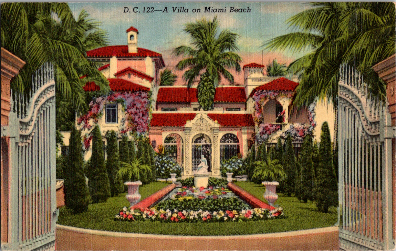 Vintage 1940s A Beautiful Gated Villa, Floral Garden Miami Florida FL Postcard