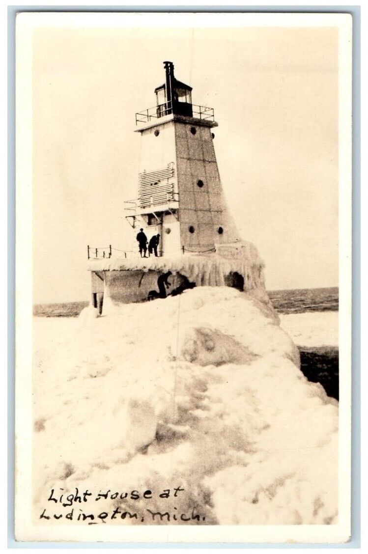 c1940\'s Ice Winter Lighthouse Men View Ludington Michigan MI RPPC Photo Postcard