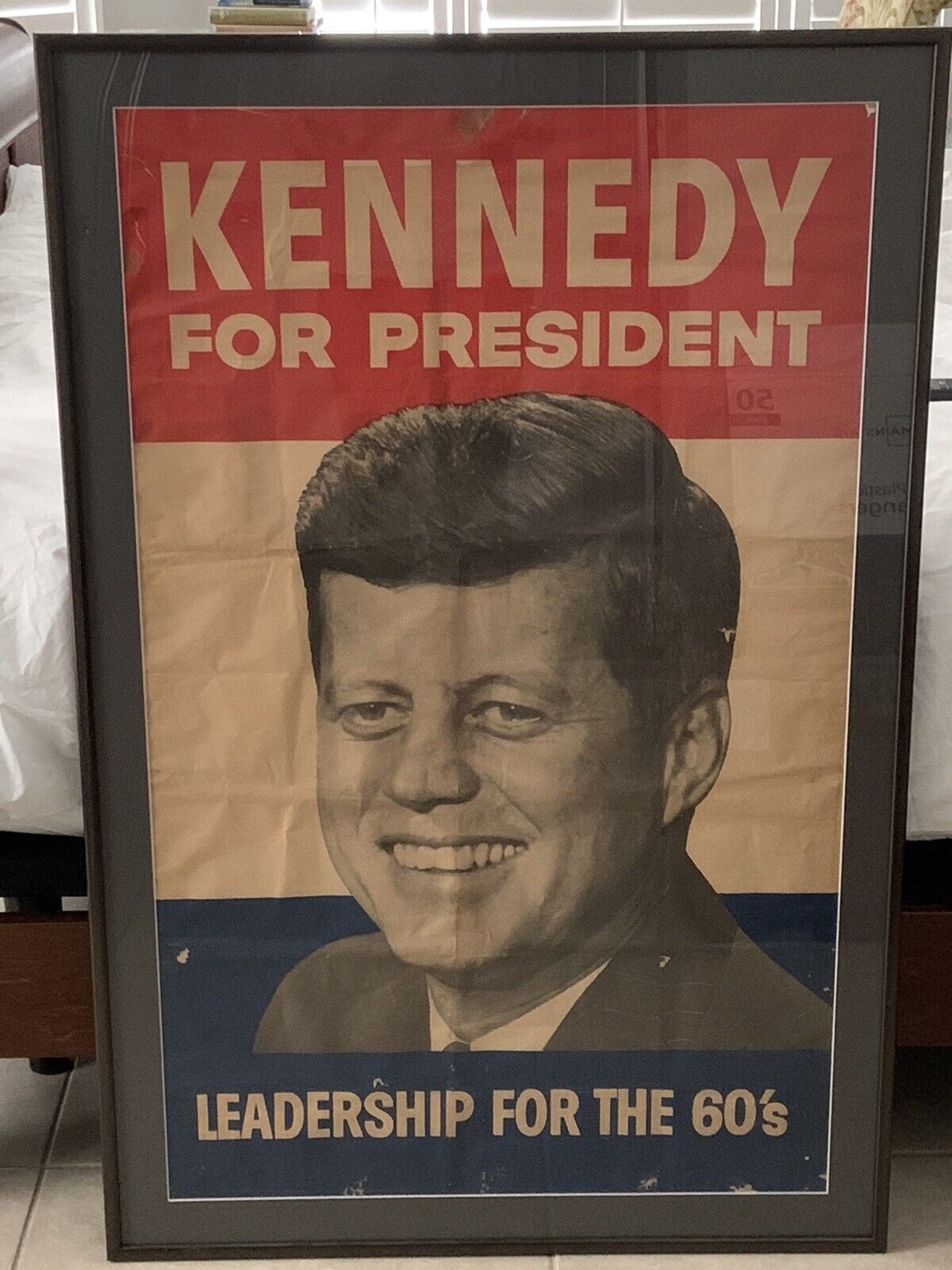 large Original vtg framed & archivally matted JFK election poster  1960 ready 2