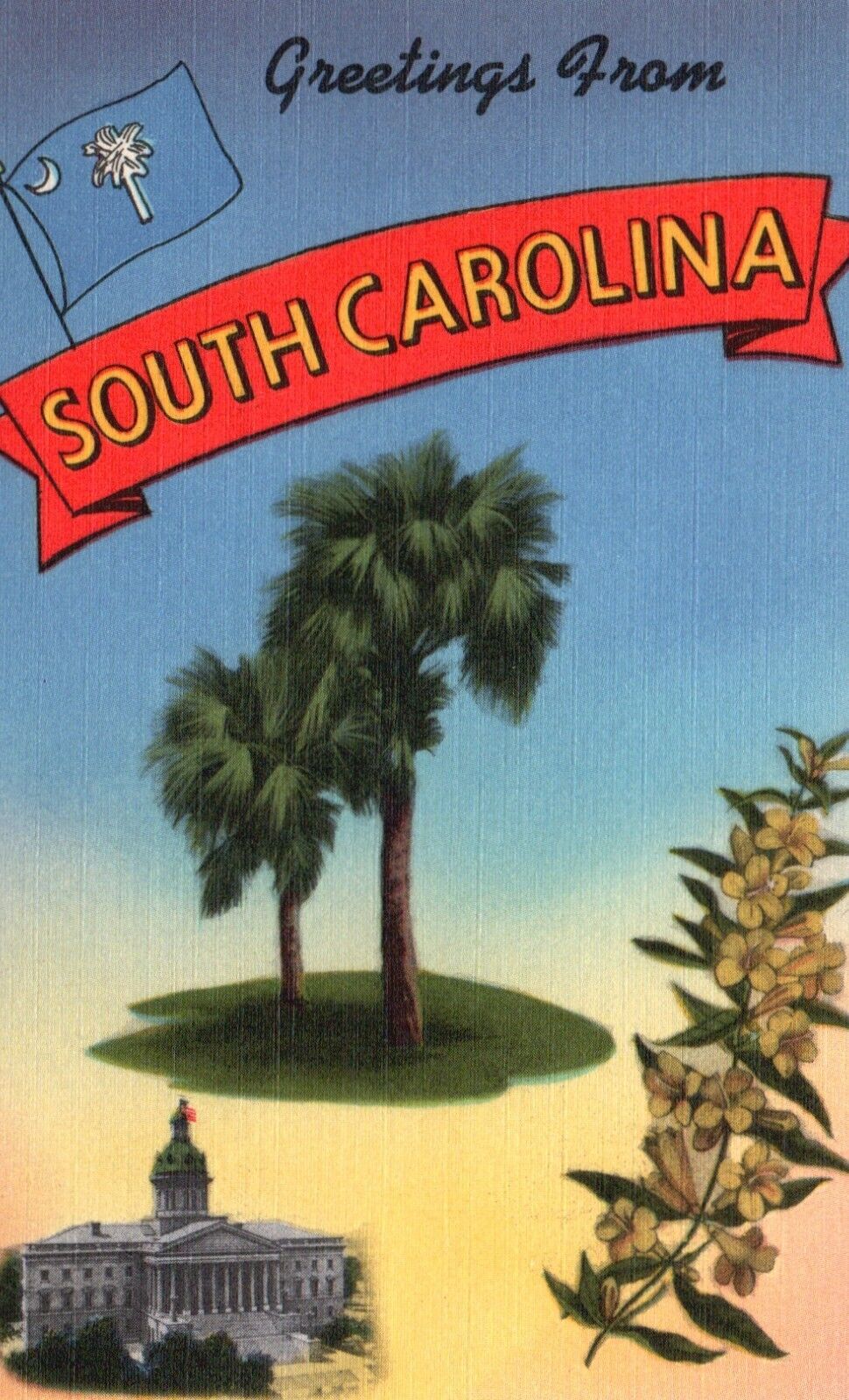 Postcard SC Greetings from South Carolina Flag Capitol Linen Vintage PC f8434