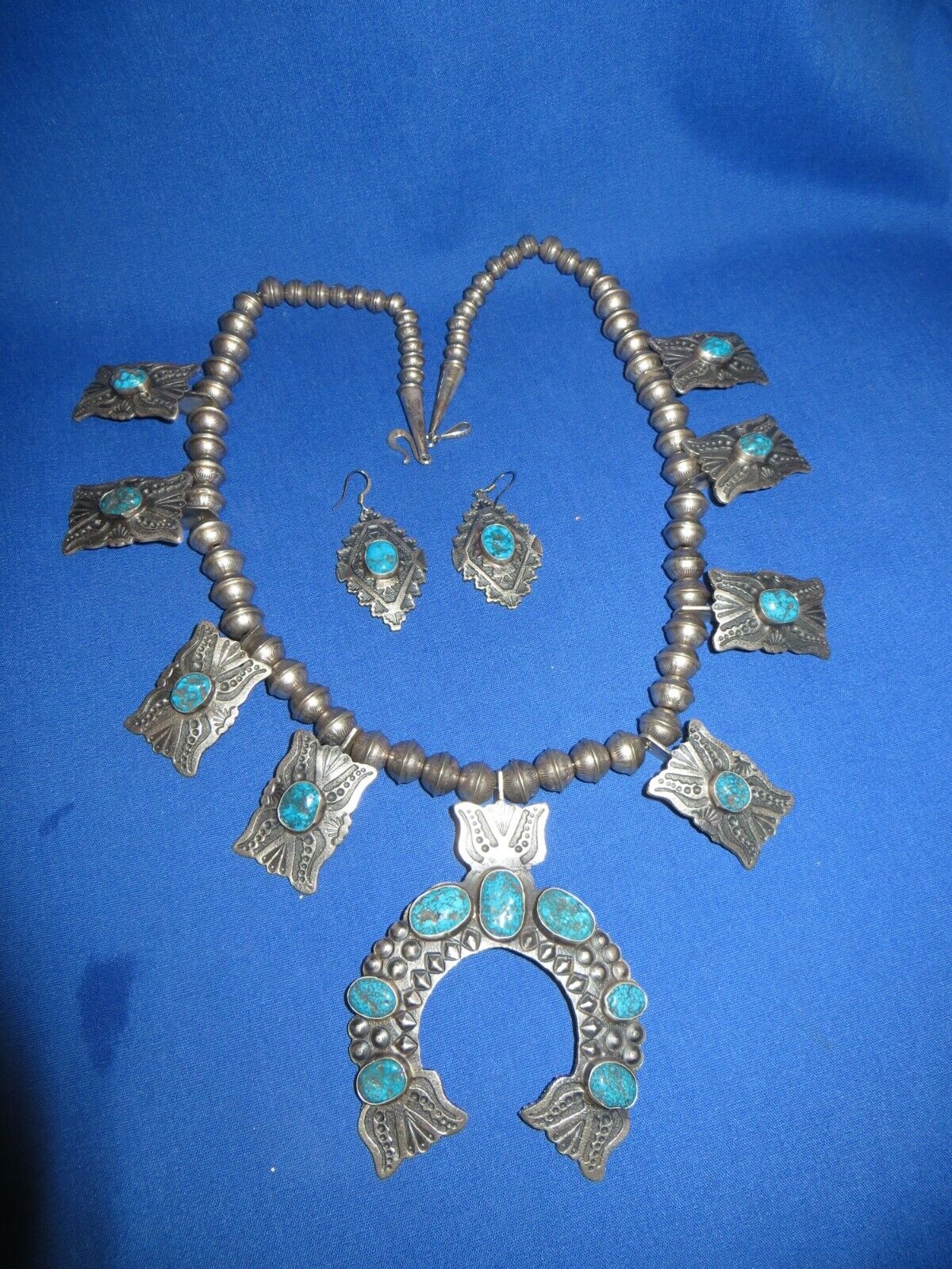 BEST NAVAJO BLUE TURQUOISE STERLING SQUASH BLOSSOM NECKLACE MATCHING EARRINGS