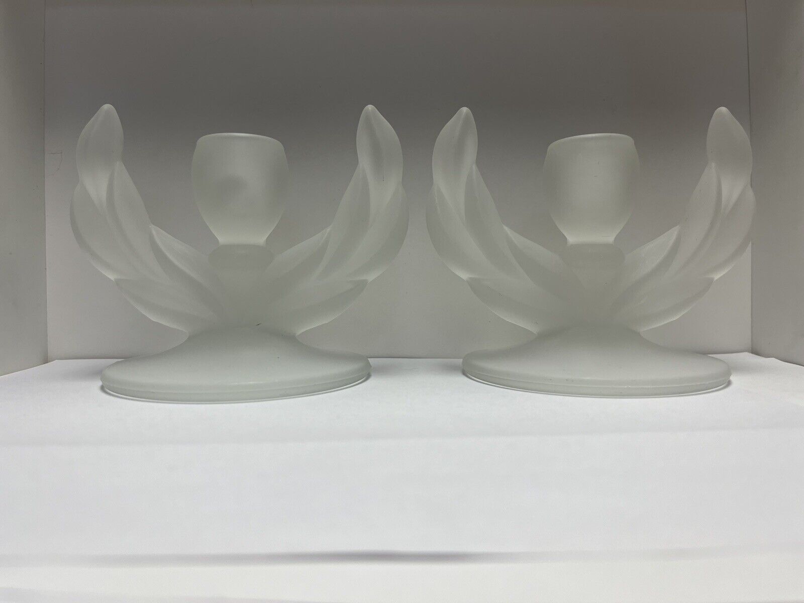 VTG Satin Pair of Indiana Glass (?) Willow Candlestick Holders W/ Laurel Wreath