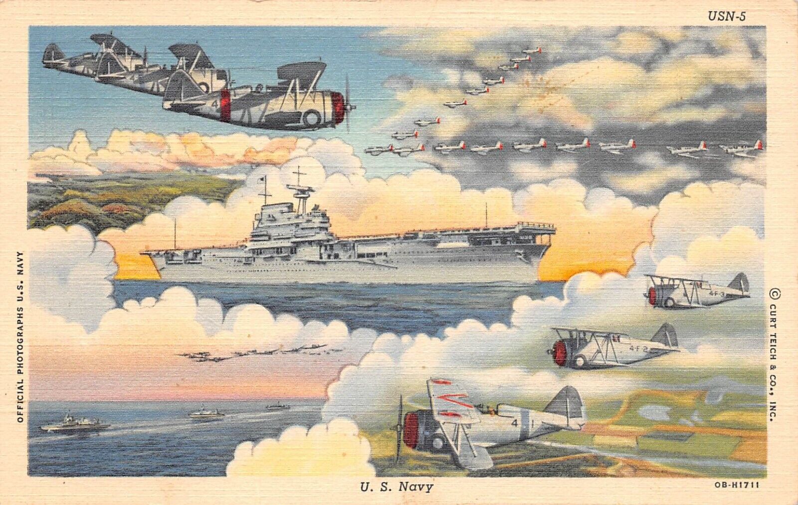 US Navy Warships Planes Multi View Ships WWII 1941 Linen Postcard