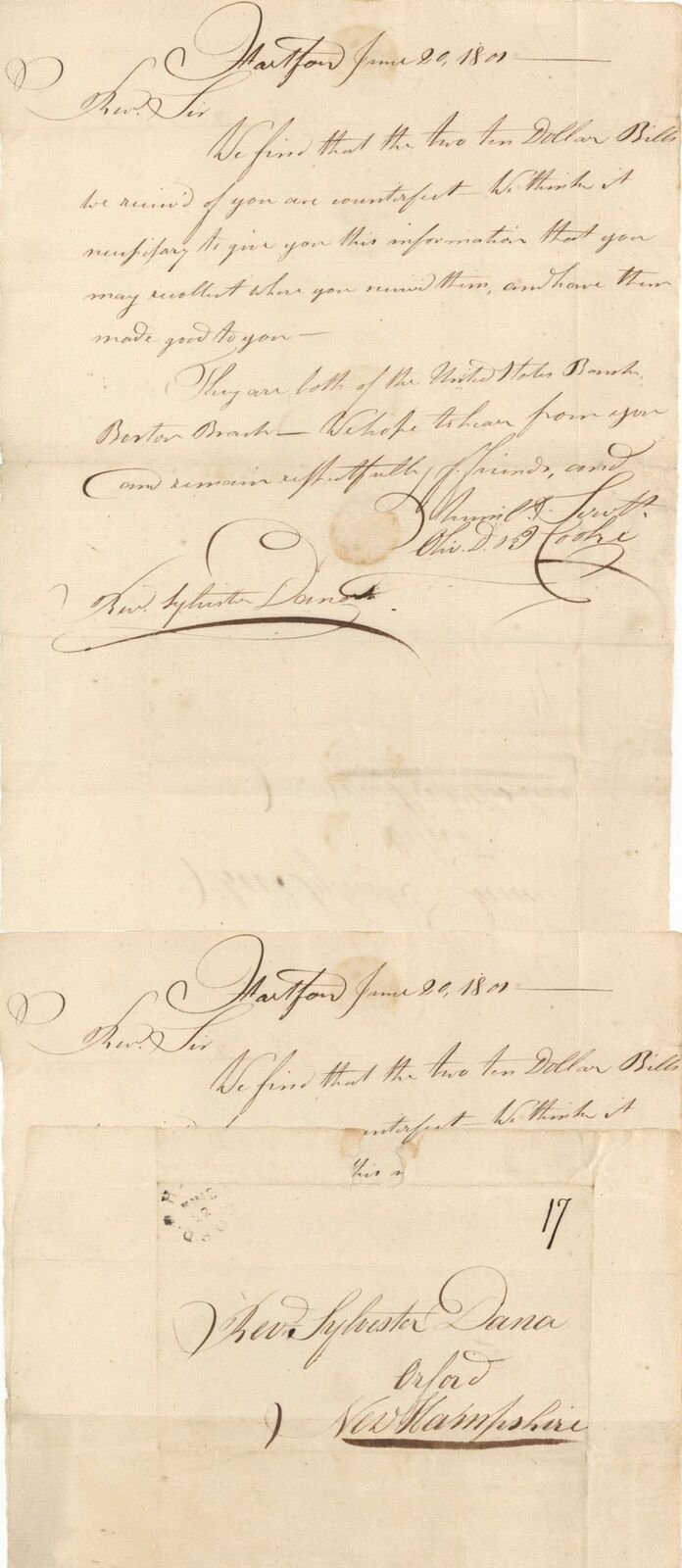 1801 dated Letter Involving 2 $10 Counterfeit Bills - Americana - Counterfeiting