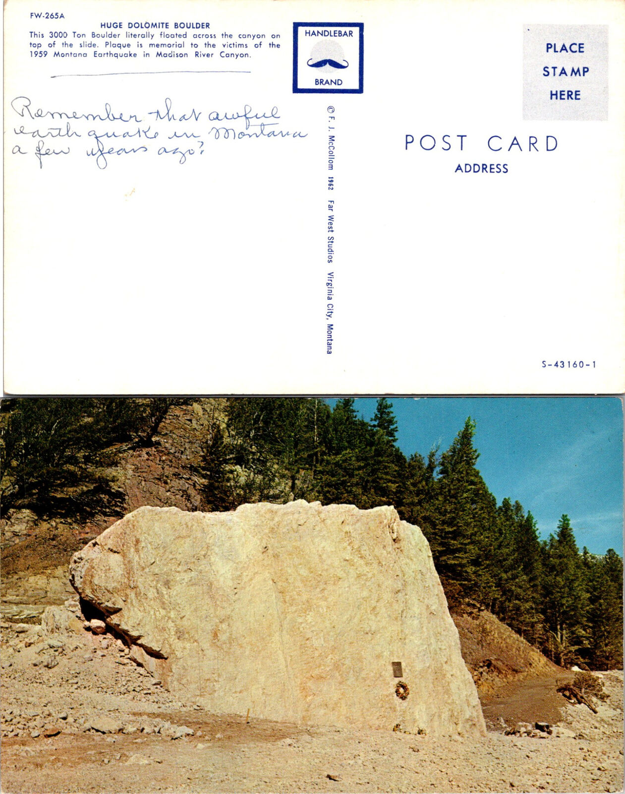 Vintage Montana Huge Dolomite Boulder, MT Postcard Unused 50675