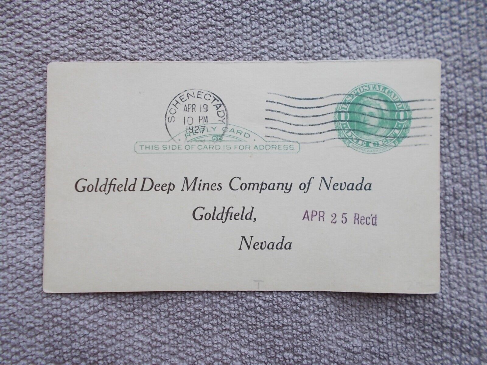 Goldfield Nevada Post Card DOCUMENT: GFNV DEEP MINES STOCK HOLDER POSTMARK 1927