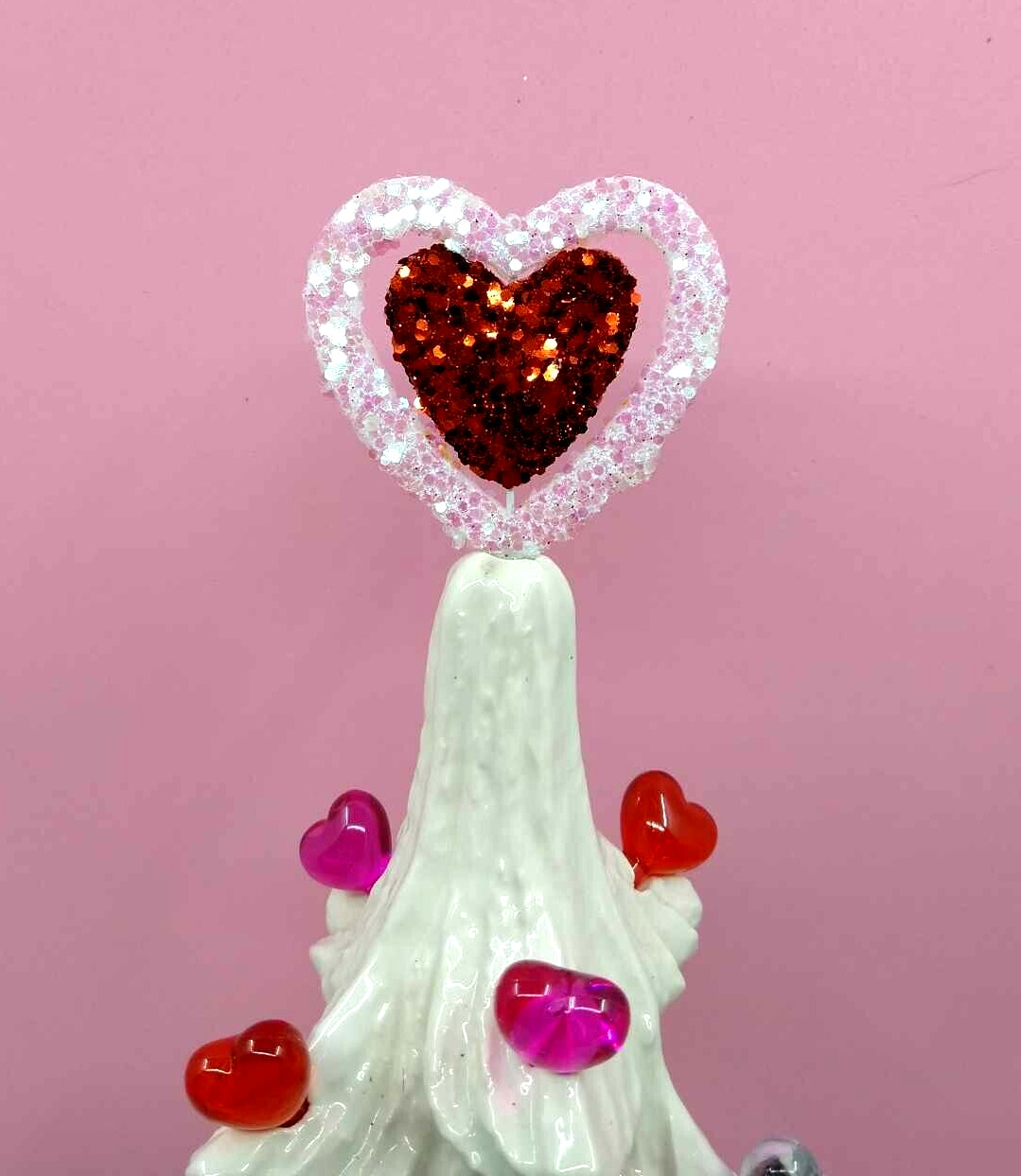 Lg Valentine  Spin Heart Star Topper & 6 heart Bulbs for Ceramic Christmas Tree